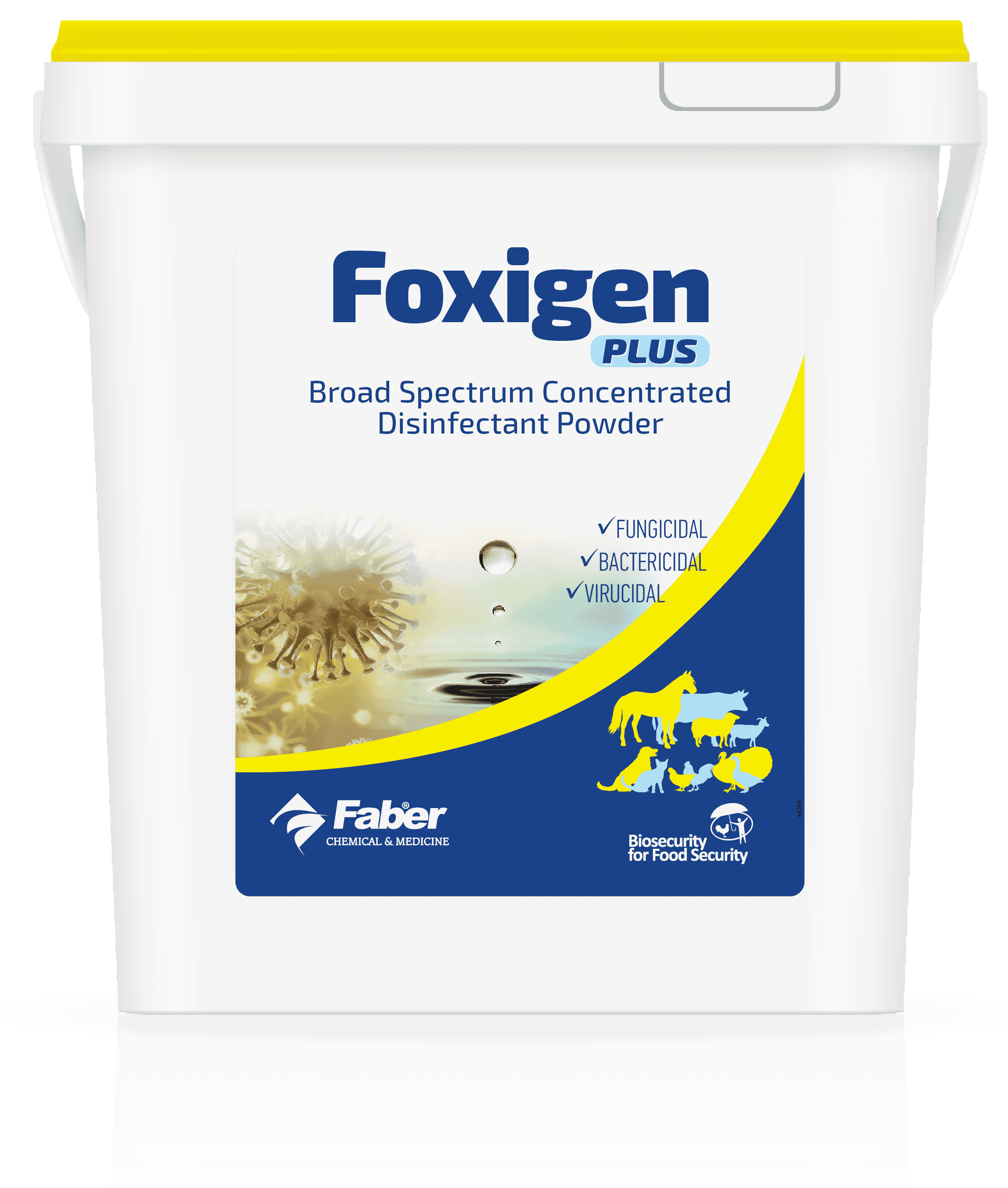 Container of Foxigen Plus, a broad spectrum concentrated disinfectant powder, featuring a yellow lid and details on its fungicidal, bactericidal, and virucidal properties.
